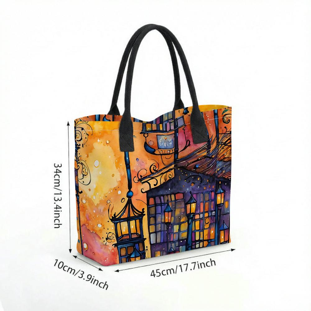 Fashion Watercolor City Print Tote Bag Casual Large Capacity Daily Carry Handbag