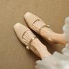 Neue Vier-Jahreszeiten-Damen-Low-Top-Schuhe, einfarbige Damen-Lederschuhe, lässige High Heels, eckige Zehenpartie, Schnalle, Slipper, leichter Ausschnitt