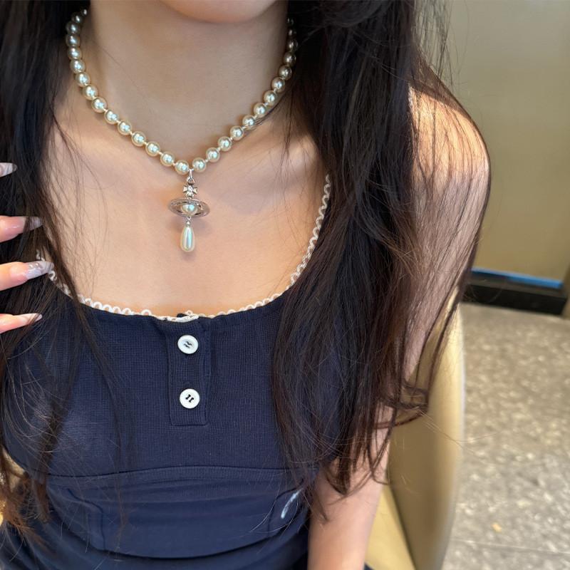 Empress Saturn Pearl Necklace With Geometric Pendant For Women