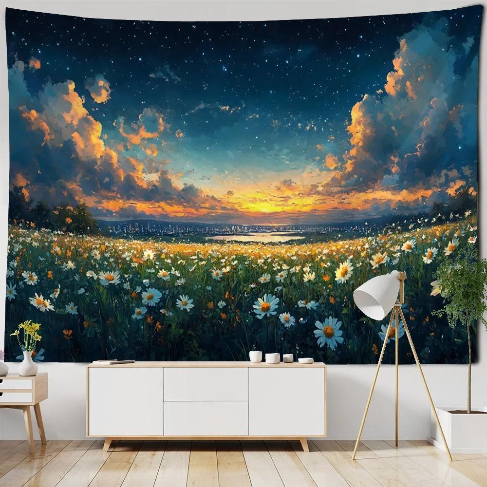Tree starry sky tapestry dreamy landscape forest mural room art decoration living room bedroom hippie wall hanging blanket