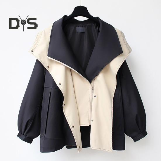 Women Windbreaker Hooded Patchwork Colorblock Zipper And Button Closure Long Sleeves Tight Waist Loose Coat Cargo Style Outdoor Jacket