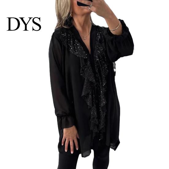 Loose Fit Women Top Shirt V-Neck Long Sleeve Ruffle Trim Chiffon Single Comfortable Blouse Breasted Solid Color Regular Casual Tops
