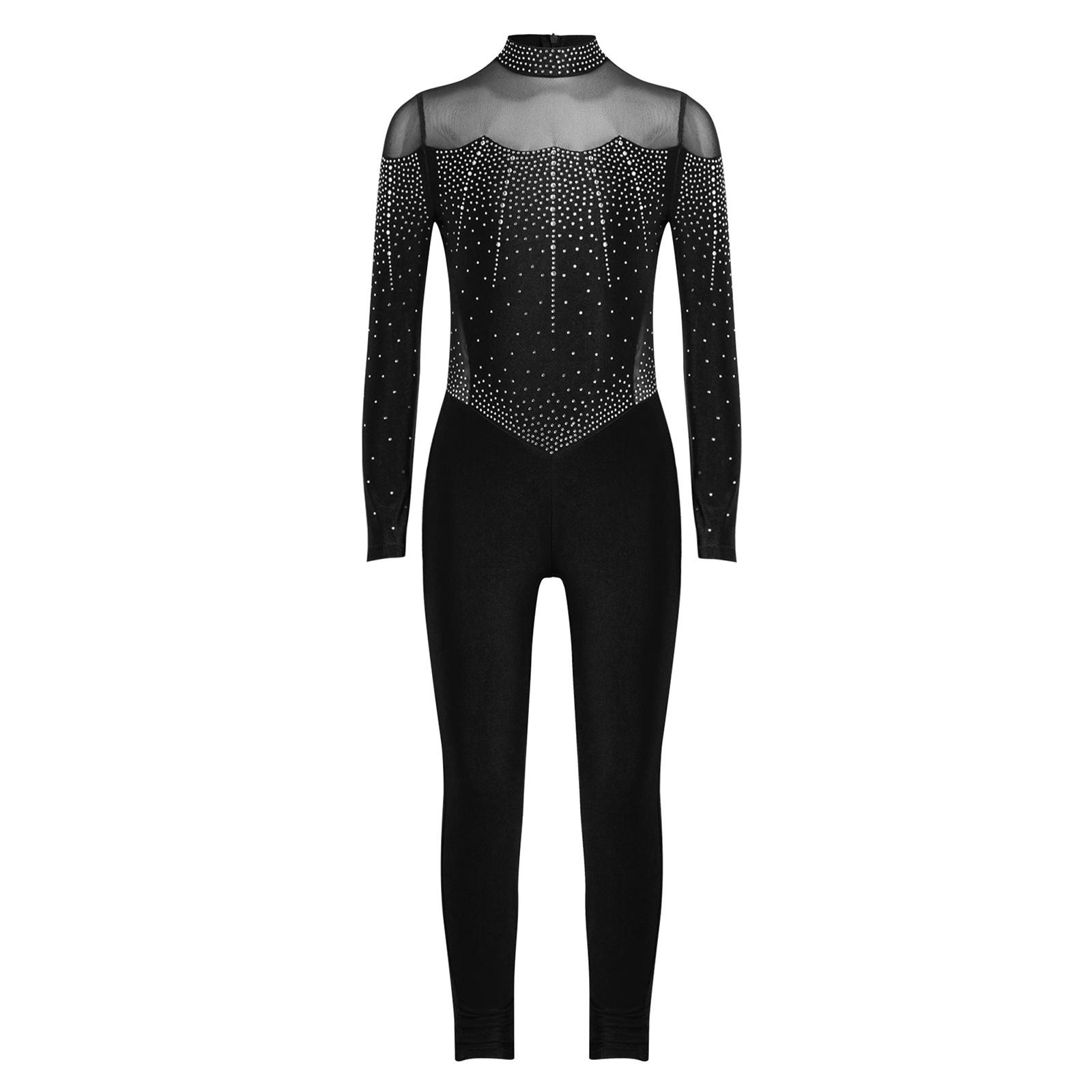

Дівчачий блискучий леотар з повним тілом зі стразами, з коміром-стійкою, з довгим рукавом, з прозорими сітчастими вставками, комбінезон печворк, боді для фігурного катання чорний
