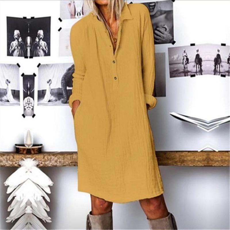 Fashion Casual Simple Long Sleeved Women Dress Spring Summer Plus Size Office Party Elegant Loose Solid Color Dresses Female Buttons Women's Clothing