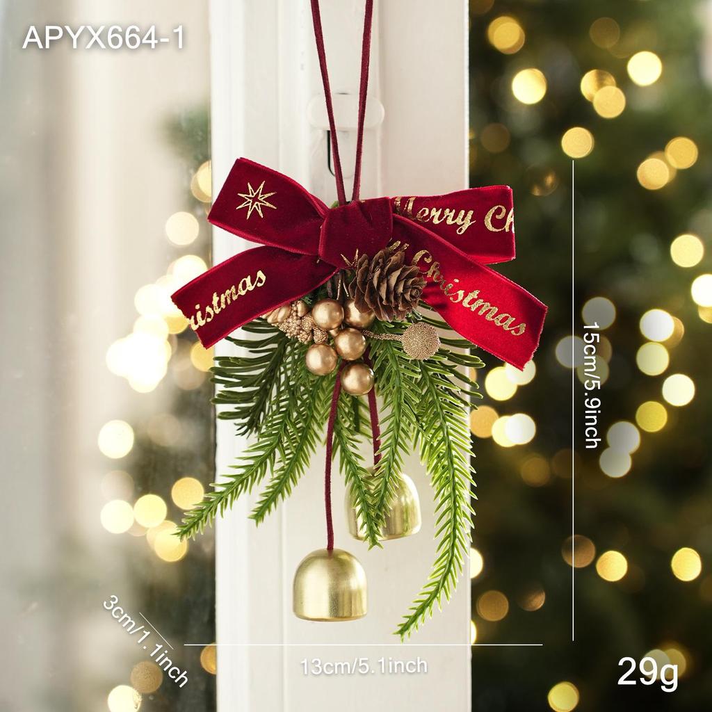 Velvet Bow Bell Ornament with Pine Cone for Christmas Tree Decoration