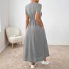 Crew Neck Solid Color Dress - Short Sleeve Drawstring Waist Side Pocket Shift Dress, Casual Breathable Cotton Tunic, Minimalist Everyday Outfit