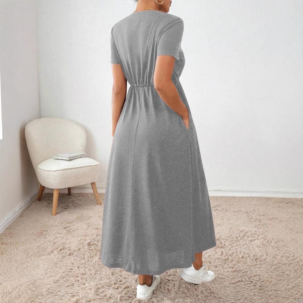 Crew Neck Solid Color Dress - Short Sleeve Drawstring Waist Side Pocket Shift Dress, Casual Breathable Cotton Tunic, Minimalist Everyday Outfit