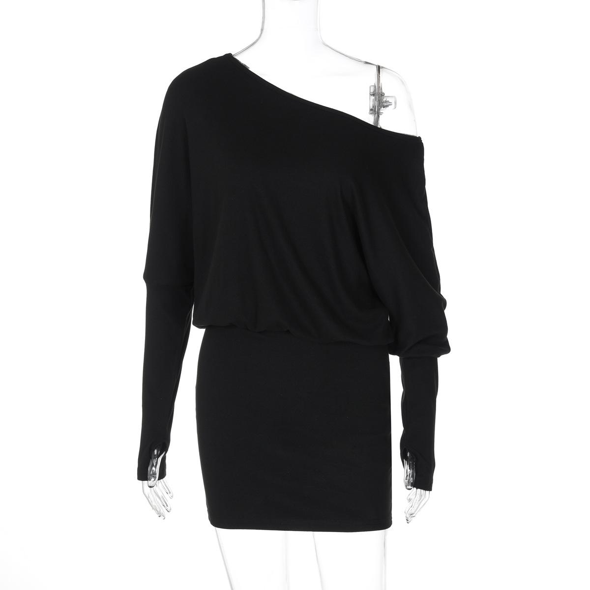 

European & American Off-Shoulder Asymmetrical Neckline Long Sleeve Slimming Two-Piece Skirt - Autumn New Arrival Small чорний