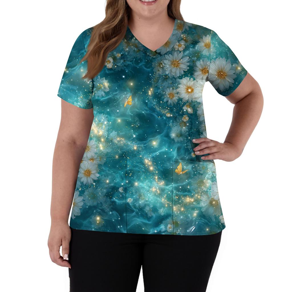 Women's Fashion V,Neck Short Sleeve Overalls With Pockets  Print Tops  Clothes