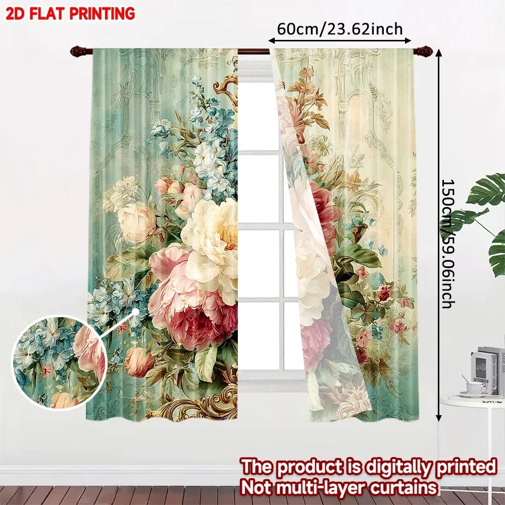 2pcs Pink White Floral Curtains   Large Blossoms with Green Leaves Blue Flowers Light Background for Living Room Bedroom