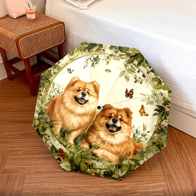 Chow Chow and Grass Pattern, Automatic Folding Umbrella, Portable and Foldable Design, 8 Ribs, a Christmas or Birthday Gift.