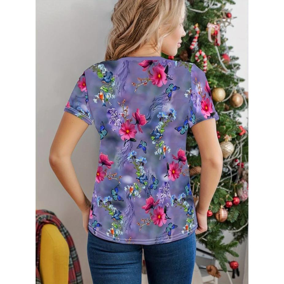 Plus-Size Women's Breathable Stretchy Short Sleeve Crew Neck T-Shirt - Vibrant 3D Floral & Butterfly Print, Summer Casual Daily Ladies T Shirts