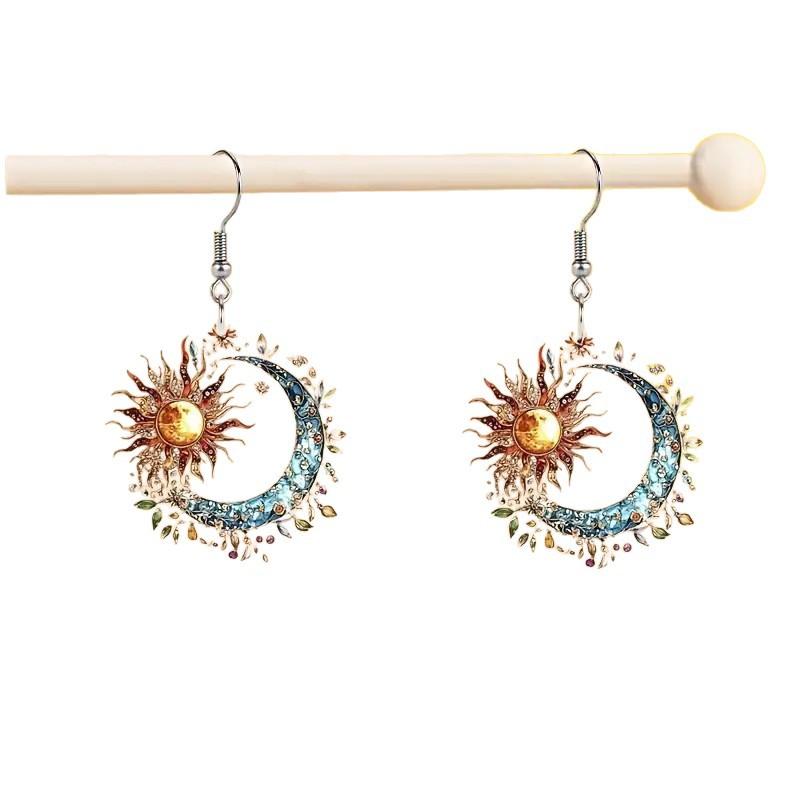 Kolorowe kolczyki księżycowe, płaskie akrylowe kolczyki w kształcie słońca i księżyca w stylu boho