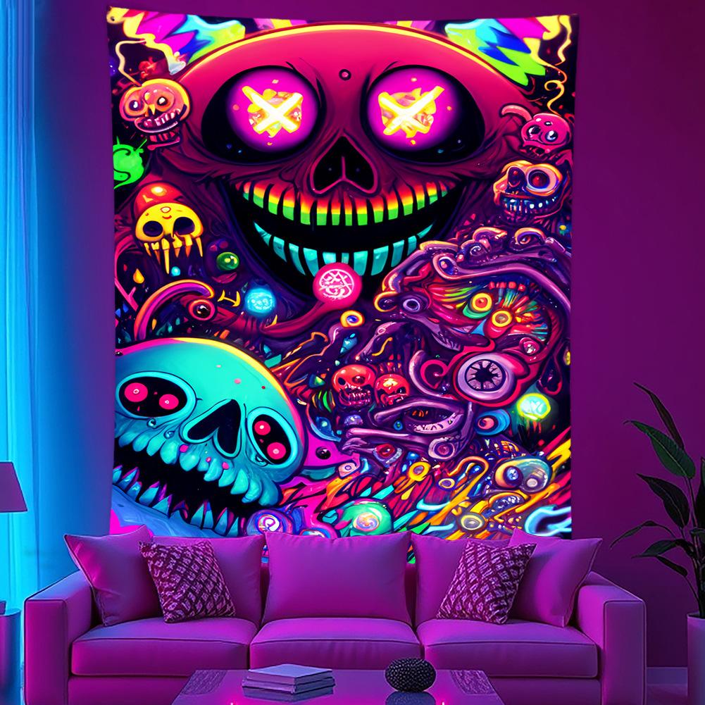 Psychedelic Zombie Skeleton Wall Tapestry UV Glow Print Wall Hanging for Bedroom Dorm Home Decor