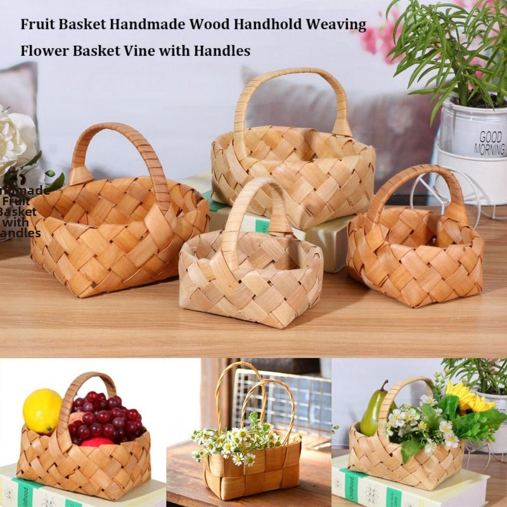 with Handle Fruit Basket Handwoven 3 Styles Wood Basket Handmade Vegetable Fruit Flowers Holder Living Room Decoration