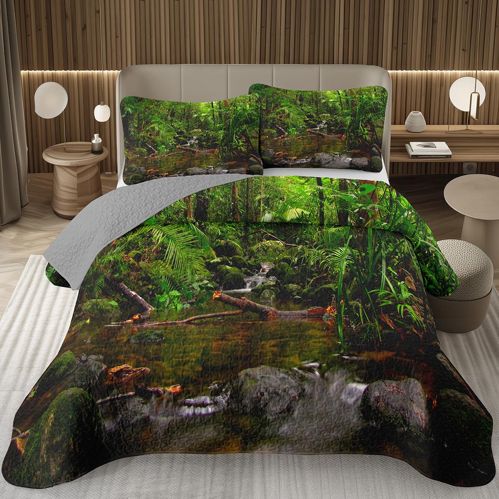Forest Bedspread King/Full Magical Woodland Jungle Coverlet Set Dreamy Misty Scene Quilted Bedding Set Reversible Grey Bed Cover
