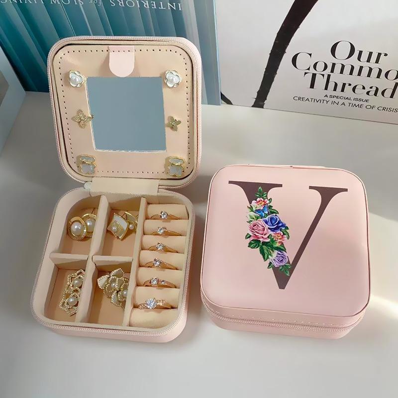 PU Leather Jewelry Box Mirror Storage Box 26 Letter Printed Portable Jewelry Organizer Earring Ring Necklace Case