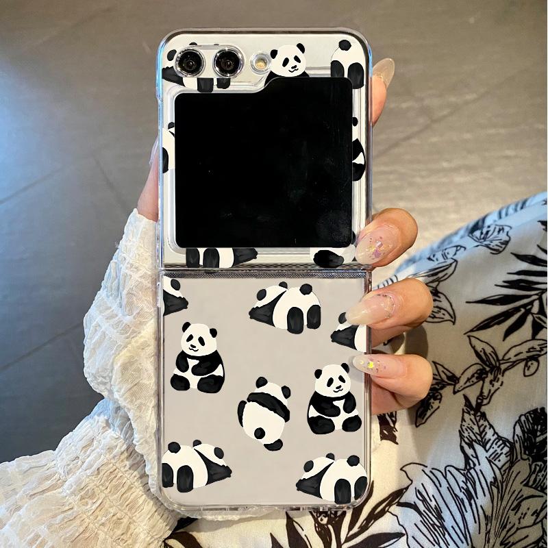 For Samsung Galaxy Z Flip 6 5 4 3 5G Cartoon Panda Pattern Clear Folding Case For Samsung Z Flip6 Flip5 Flip4 Hard Phone Cover