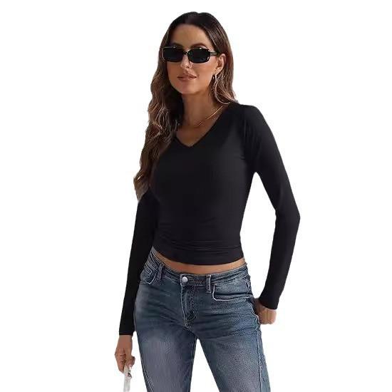 Stylish European & American Women's V-neck Long-sleeve Bodycon Milk Silk Top with High-end Feel