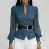 Women's Vintage Faux Denim Shirt Top Spring V-Neck Patchwork Sheer Sleeves Blouse Office Casual Streetwear Chic Blouse