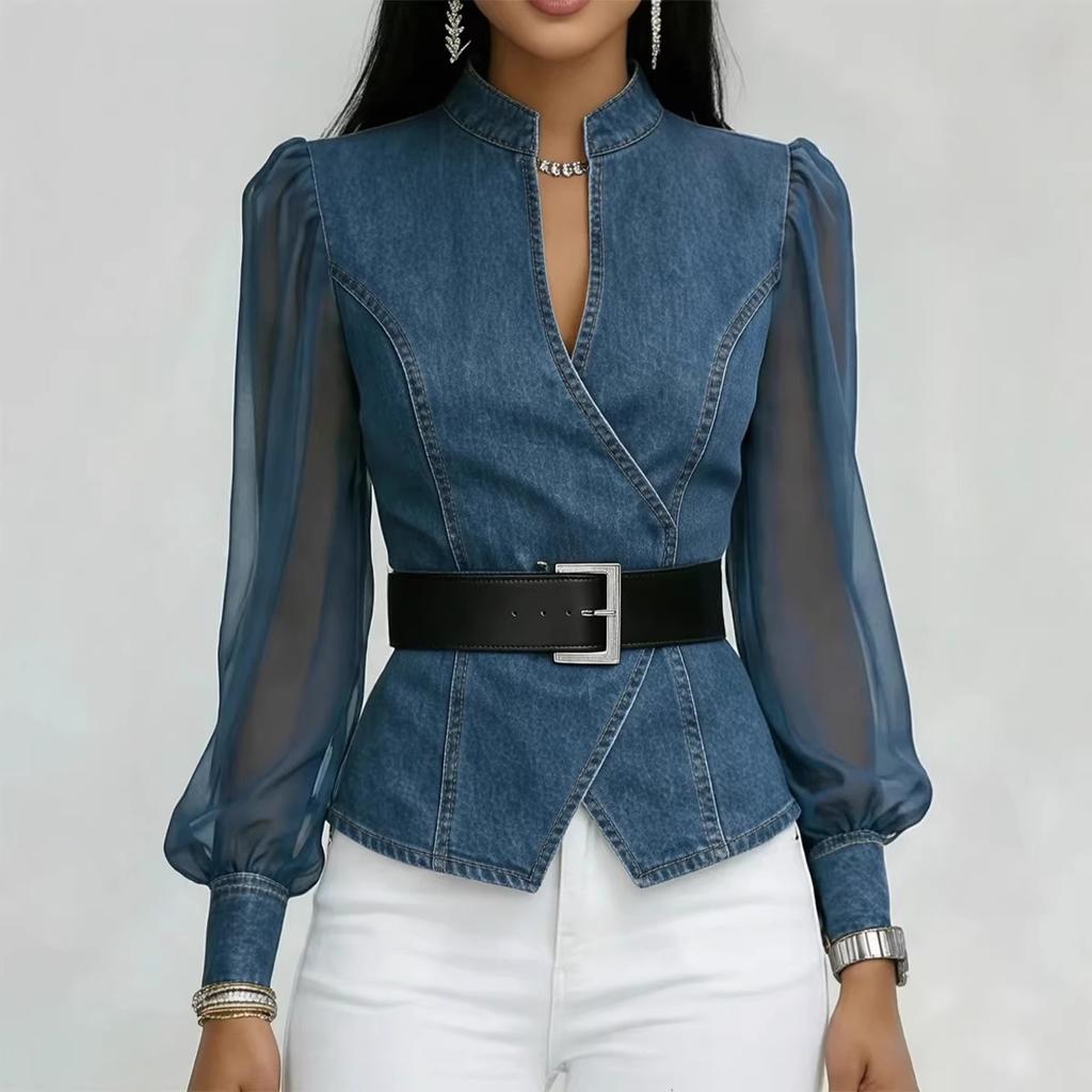 Women's Vintage Faux Denim Shirt Top Spring V-Neck Patchwork Sheer Sleeves Blouse Office Casual Streetwear Chic Blouse