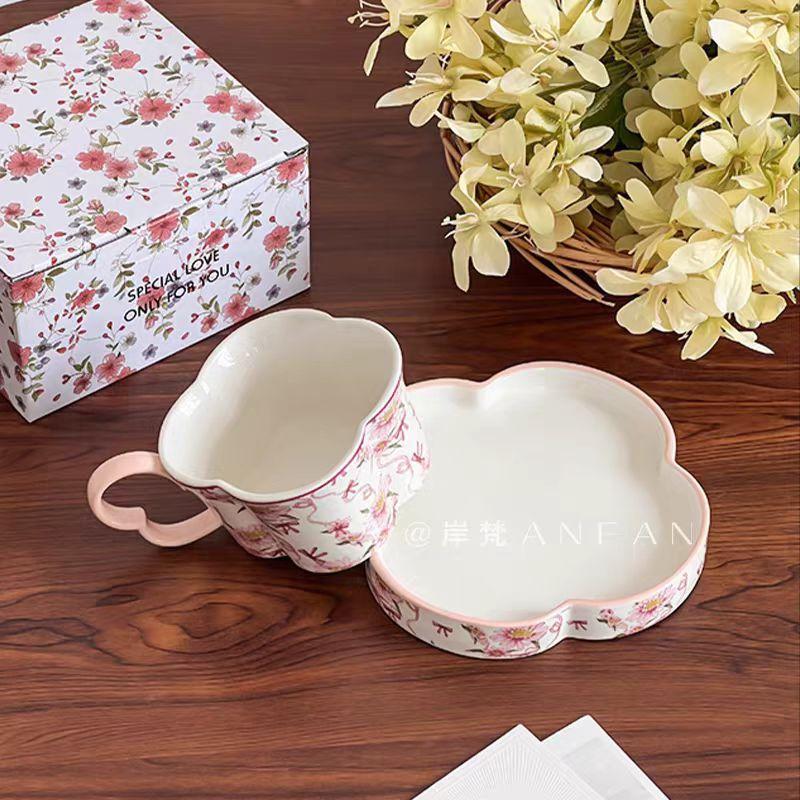 Girly Style Pink Tender Coffee Cup And Saucer Set Ceramic Water Cup Ins Afternoon Tea High Value Cute Light Luxury Cup And Saucer