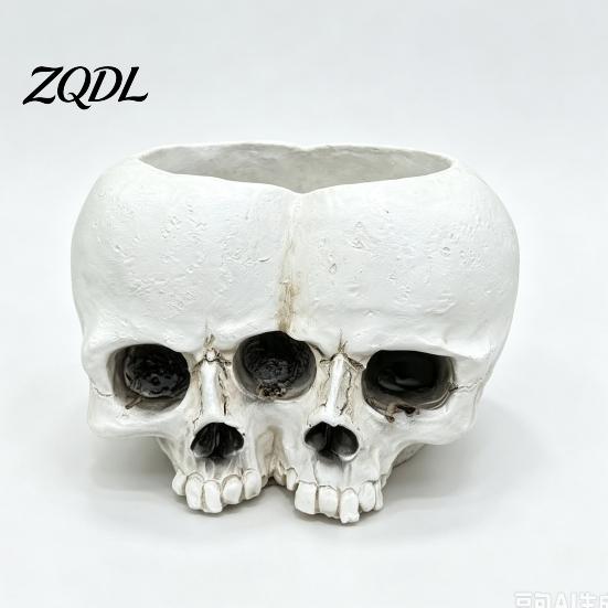 Kreativer Schreibtisch-Sukkulententopf, Doppelkopf-Blumentopf für Grünpflanzen, Realistischer Harz-Pflanztopf, Gothic Halloween-Pflanzenbehälter für Party & Innenbereich