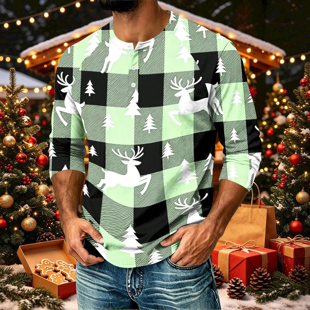 Men's Casual Shirt with Raglan Three-Quarter Sleeves and Christmas Print