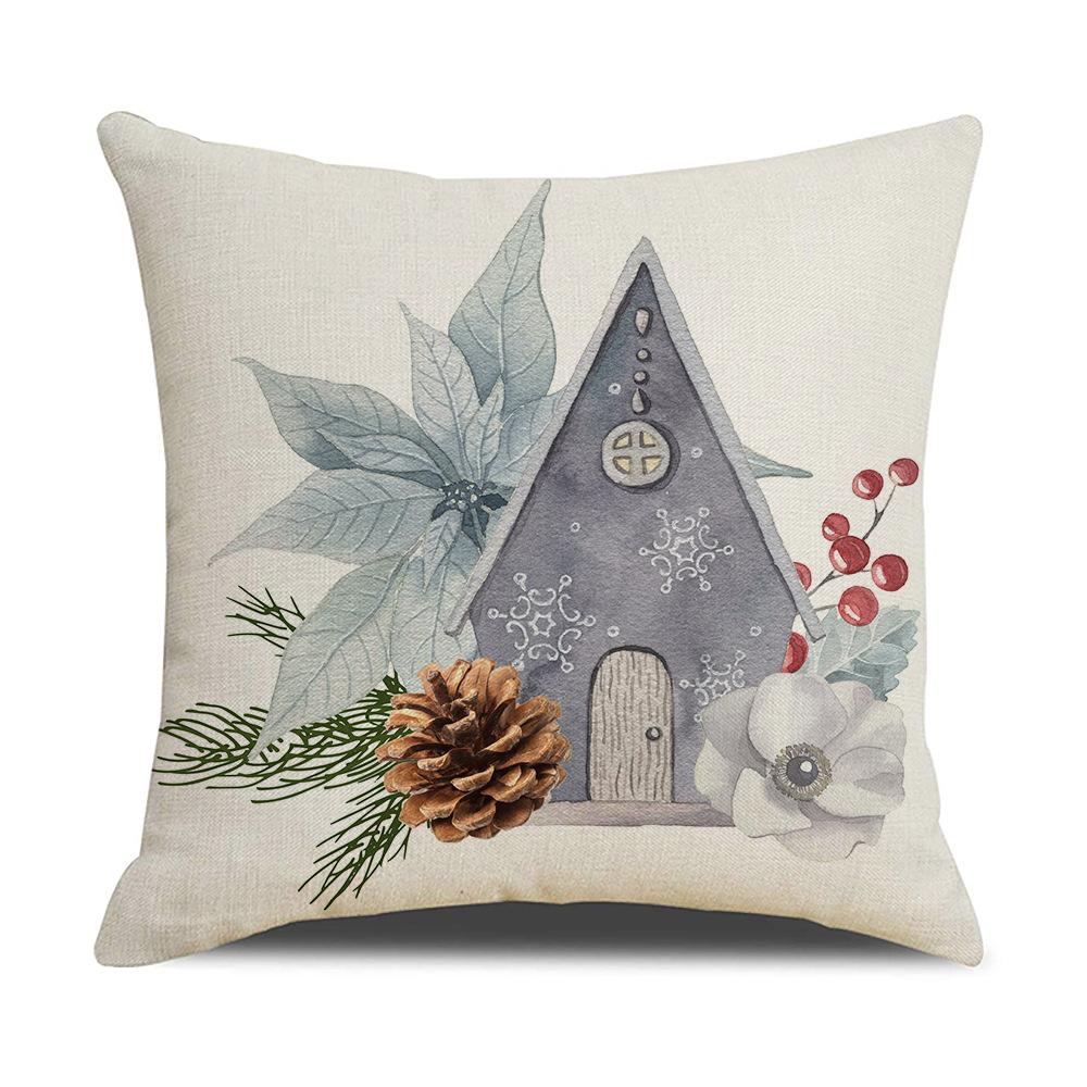 Simple Watercolor Christmas Pillow Cover Linen Printed Holiday Pillow Cartoon Pillow Cover