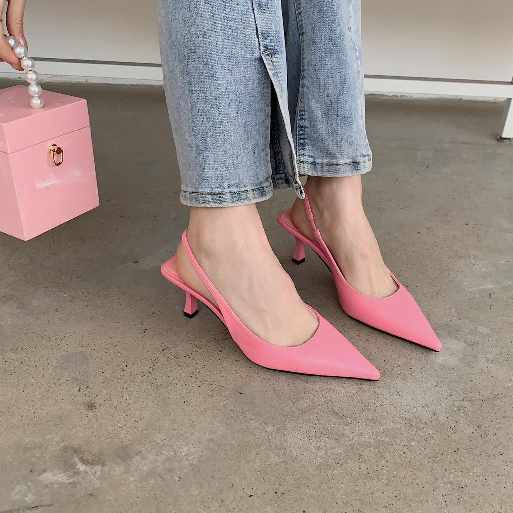 Spring and Summer New Solid Color Pointed Head Thin Heel Middle Heel Sandals Fairy Fairy with Skirt Empty Bag Head High Heel Single Shoes