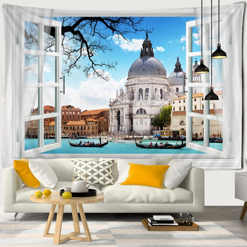 Scenery Outside the Window Tapestry Wall Hanging Sandy Beach Picnic Rug Camping Landscape Tapestries Pad Home Decor Wall Cloth