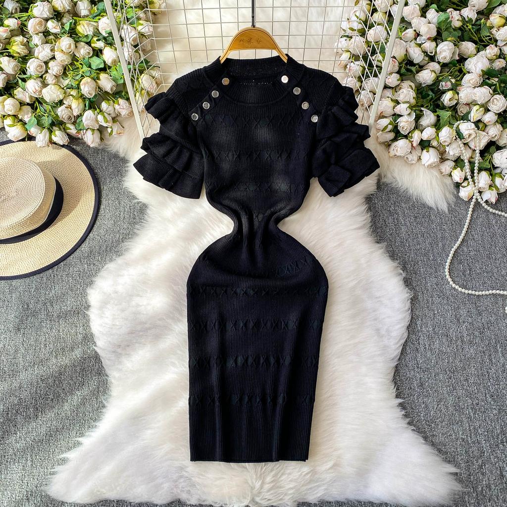 Summer Women Elegant Ruffle Metal Button Office Work Knitted Sheath Sweater Mini Dresses