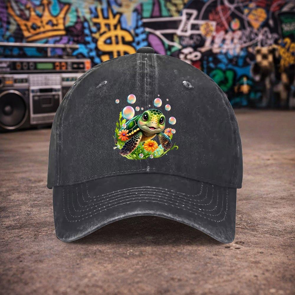 pc Unisex Cute Sea Turtle and Flower Vintage Washed Baseball Cap Unisexs Trendy Hat Versatile Duckbill Cap Fun Print A Un