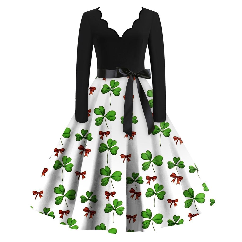 Women's St. Patrick's Day Print V-Neck Slim Fit Long Sleeve Swing Dress