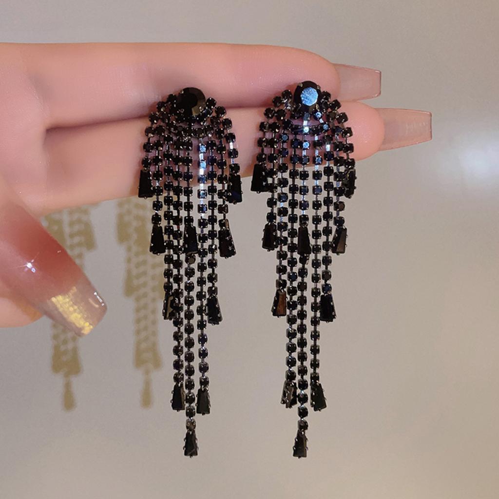 European and American retro face thin black zircon fringed earrings temperament long exaggerated stud earrings cold wind earrings