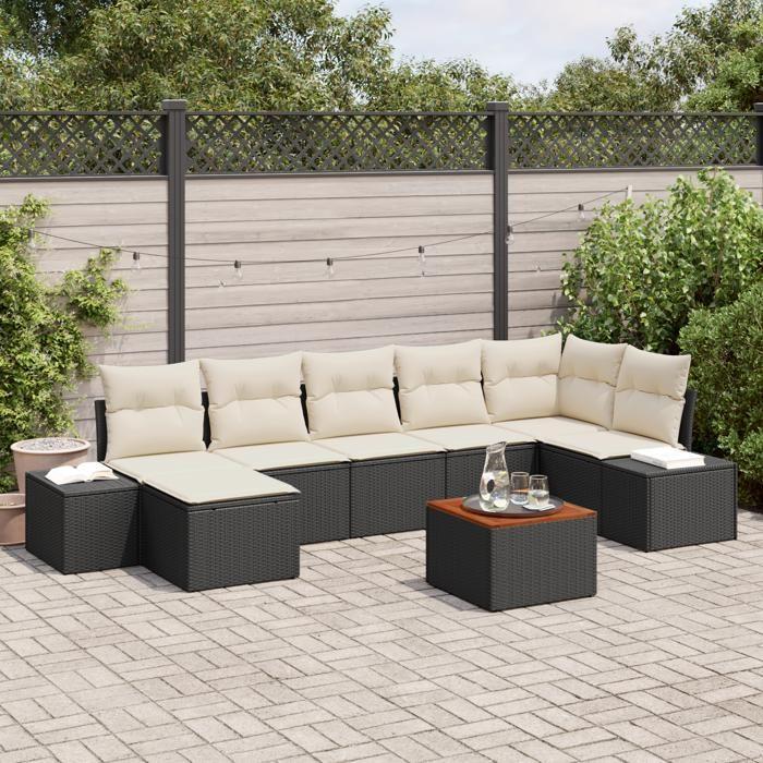 VidaXL Set de salon de jardin 8 pièces avec coussins Noir Poly Rattan Acacia 3347985