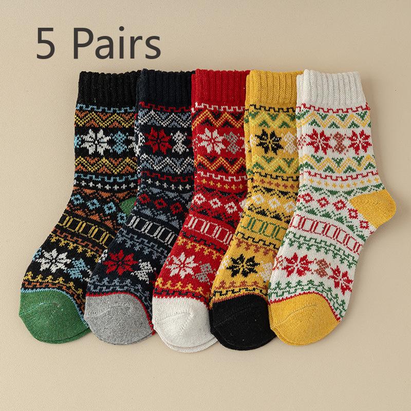 5 Pairs of Women Retro Thickened Warm Ethnic Wind Rabbit Wool Mid Tube Socks