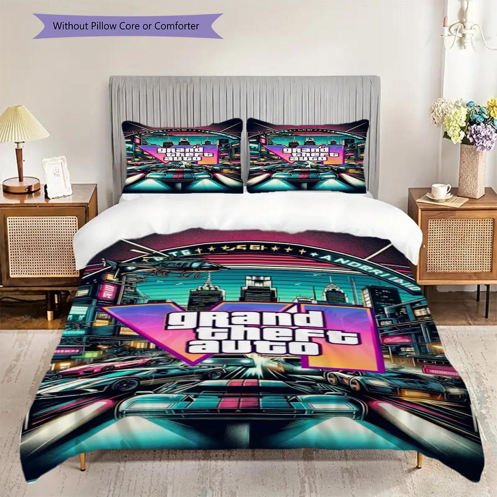 Vibrant Collage Grand Theft Auto V Characters Bedding (1 * Duvet Cover + 2 * Pillowcase, Without Core) 2D Flat Christmas Birthday Gift Bedding Set