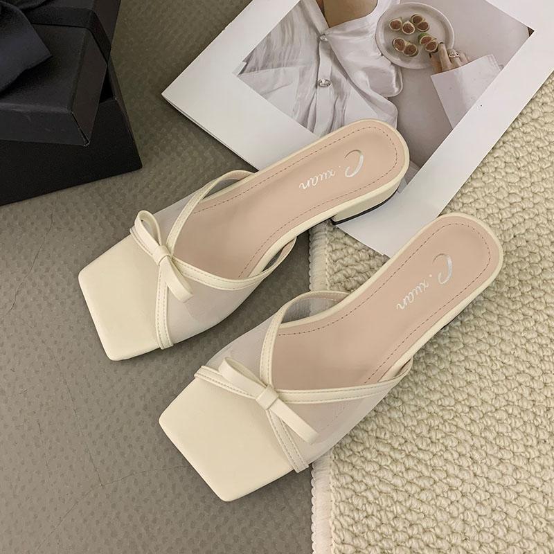 

Fashion Low Heel Female Slides Sandals Women Slippers Shoes Square Toe Footwear Fashion Butterfly-Knot Ladies Heeled Slippers Shoes 35 бежевый