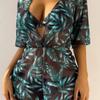 New three-piece bikini leaf print waist strap fashion long-sleeved beach sun-proof swimsuit