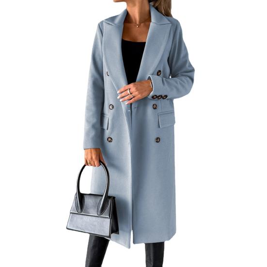 Damen Midi Langer Wollmantel Zweireihiger Trenchcoat Klassisches Revers Peacoat Herbst Winter Übermantel