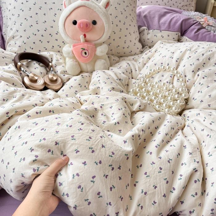 Class A soft waxy washed cotton four-piece bedding cute small fresh quilt cover bed sheet student dormitory bed hat model