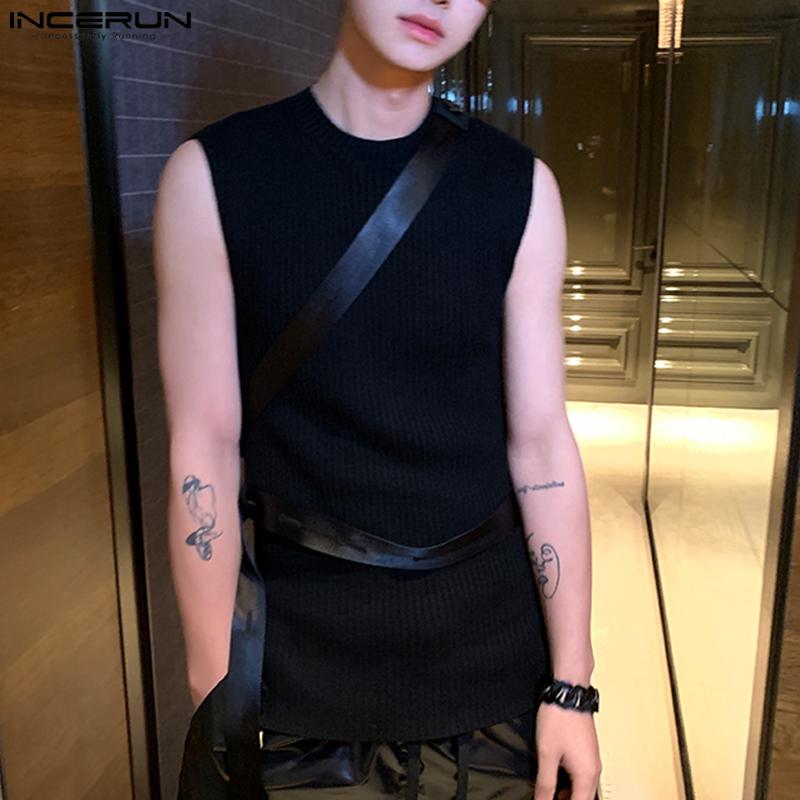 

INCERUN Летние мужские топы с круглым вырезом и длинными майками без рукавов, жилет с поясом S чёрный