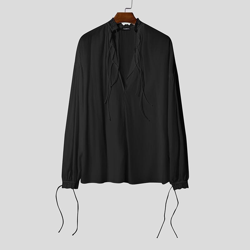

INCERUN Oversized Men s V Neck Long Sleeve Semi-Sheer Beach Casual Loose Thin Shirts Tops чорний