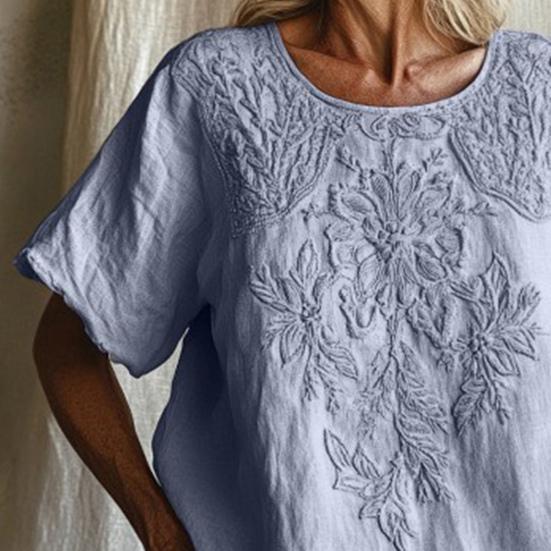 Women Tops Round Neck Short Sleeve Retro Floral Art Print Pullover Tops Loose Fit Soft Fabric Casual Summer Shirt