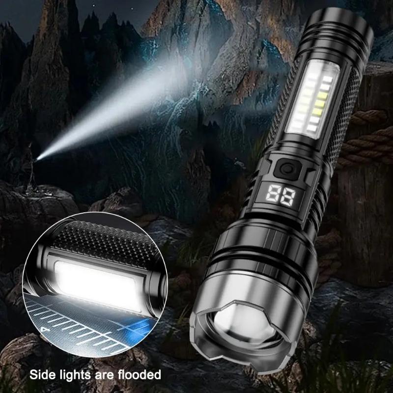 Ultrahelle LED-Taschenlampe, wiederaufladbar, mit variablem Zoom und Rot/Blau-Frequenzblitz für Camping, Angeln, Familie, Notfallsituationen, Langlebig