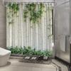 Modern Bamboo Shower Curtain - White Slats & Green Plants Pattern, Textured Landscape Design, Water-Resistant Polyester