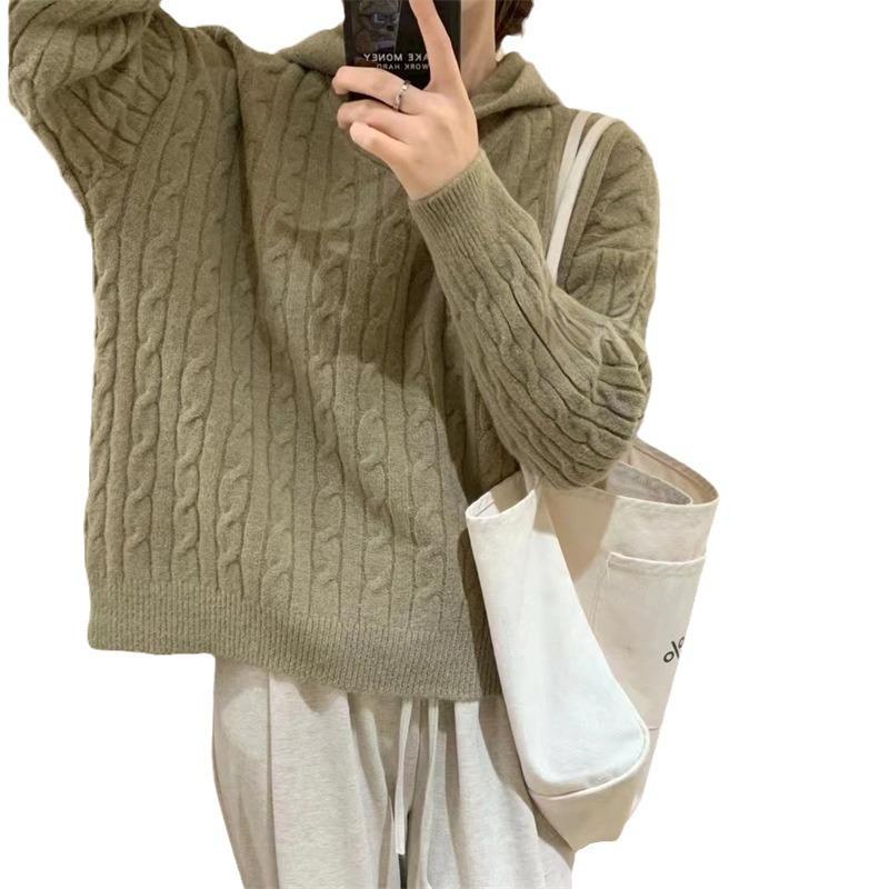 Autumn and winter new retro twist hooded pullover sweater women's simple and versatile loose lazy wind knitted sweater tide