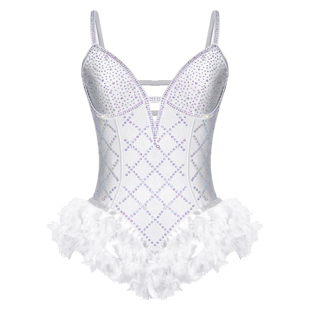 Womens Shiny Rhinestone Feather Leotard Deep V Neck Adjustable Spaghetti Straps Strappy Back Bodysuit