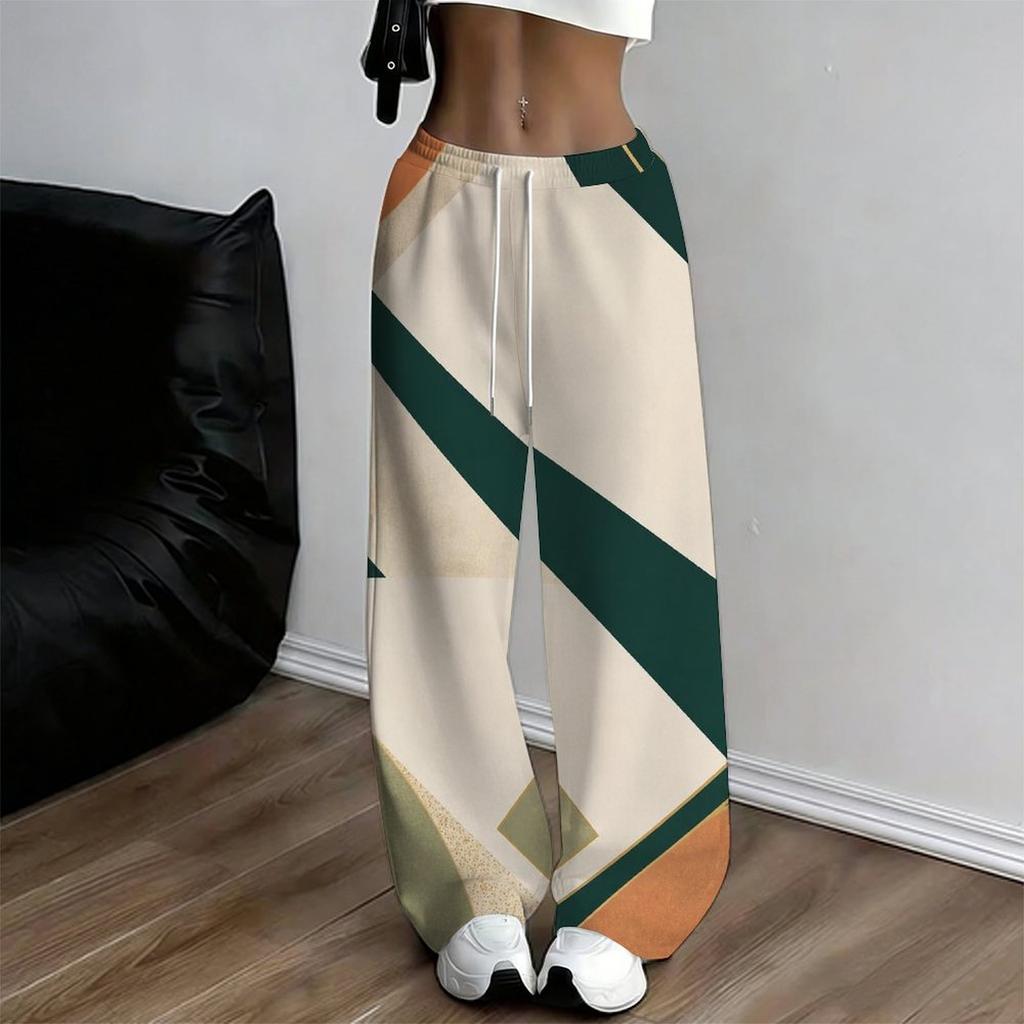 Women Plus Size Beige Abstract Printed Drawstring Loose Straight Leg Full Length Pants